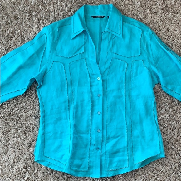 SAMUEL DONG 100% Linen Button Down Teal Top - Picture 5 of 16